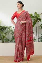 Sempiternal Red Ajrakh Printed Semi Modal Silk Saree With Innovative Blouse Piece