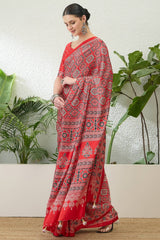 Sempiternal Red Ajrakh Printed Semi Modal Silk Saree With Innovative Blouse Piece