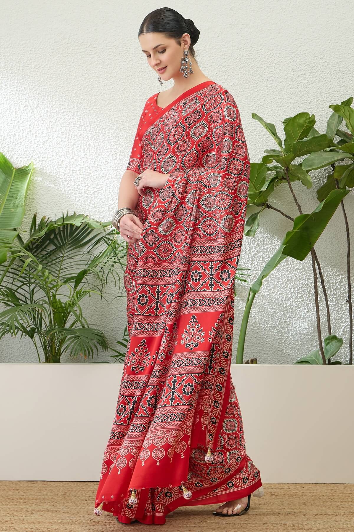 Sempiternal Red Ajrakh Printed Semi Modal Silk Saree With Innovative Blouse Piece