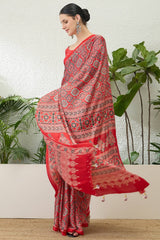 Sempiternal Red Ajrakh Printed Semi Modal Silk Saree With Innovative Blouse Piece