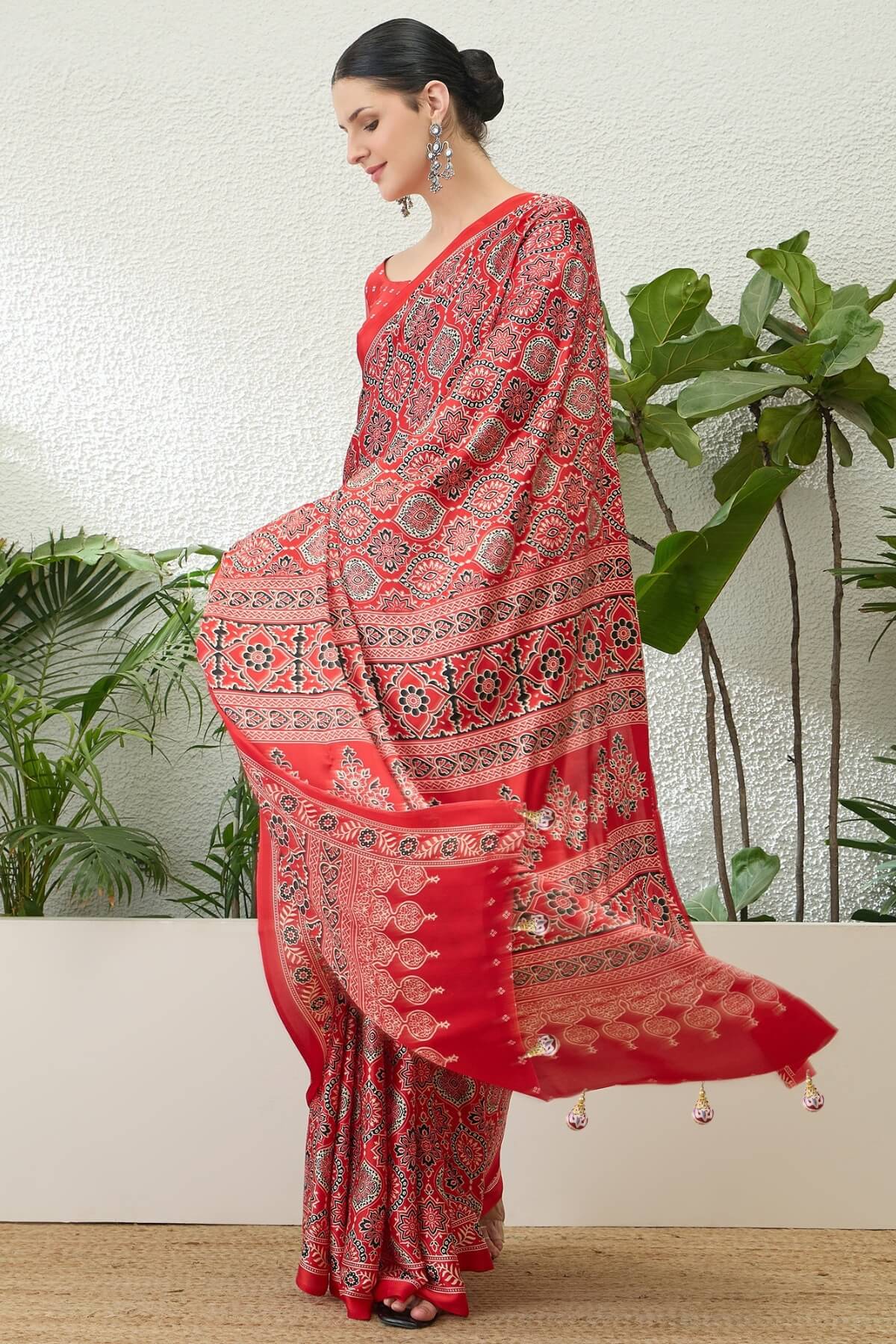 Sempiternal Red Ajrakh Printed Semi Modal Silk Saree With Innovative Blouse Piece