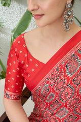 Sempiternal Red Ajrakh Printed Semi Modal Silk Saree With Innovative Blouse Piece