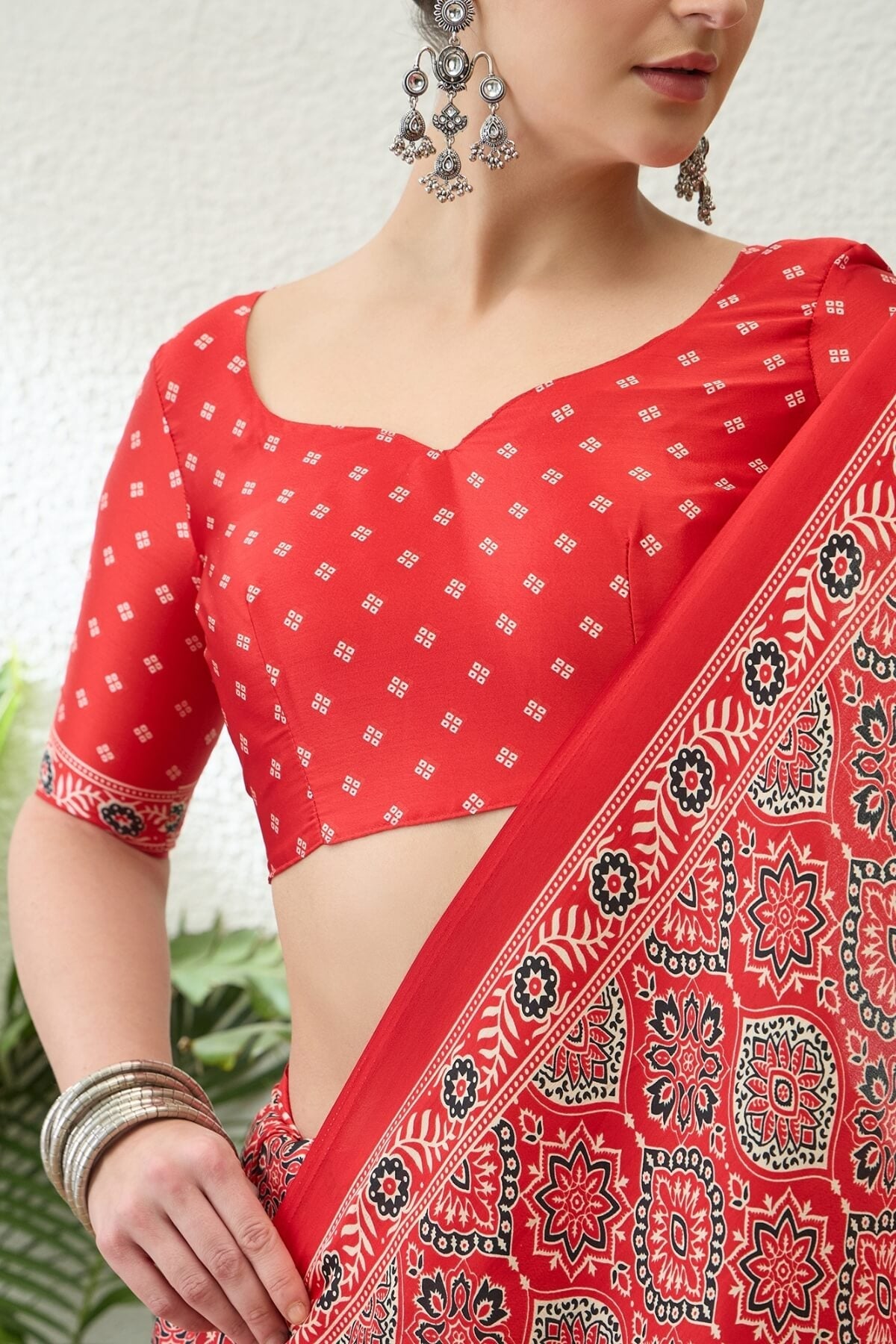 Sempiternal Red Ajrakh Printed Semi Modal Silk Saree With Innovative Blouse Piece