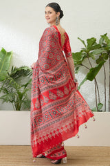 Sempiternal Red Ajrakh Printed Semi Modal Silk Saree With Innovative Blouse Piece