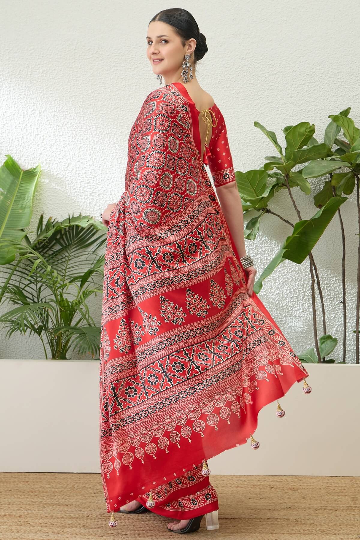 Sempiternal Red Ajrakh Printed Semi Modal Silk Saree With Innovative Blouse Piece