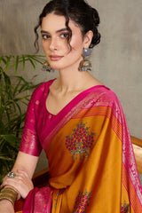 Amiable Mustard Ajrakh Printed Semi Modal Silk Saree With Gratifying Blouse Piece