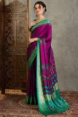 Snappy Purple Ajrakh Printed Semi Modal Silk Saree With Glorious Blouse Piece