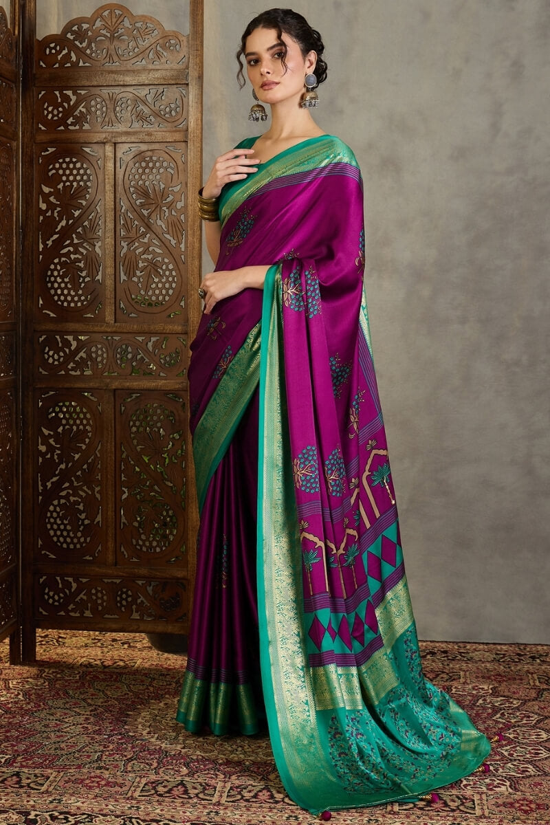Snappy Purple Ajrakh Printed Semi Modal Silk Saree With Glorious Blouse Piece