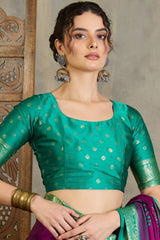 Snappy Purple Ajrakh Printed Semi Modal Silk Saree With Glorious Blouse Piece