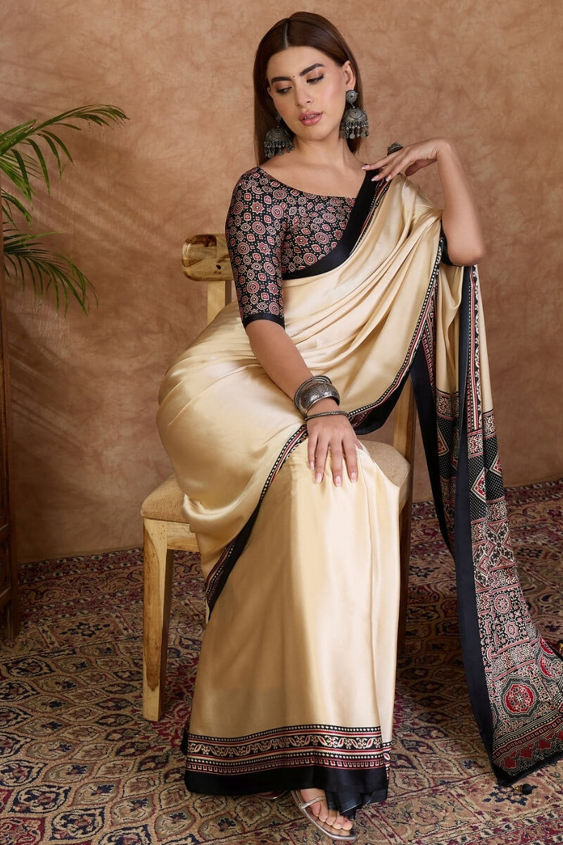 Panoply Off White Ajrakh Printed Semi Modal Silk Saree With Refreshing Blouse Piece