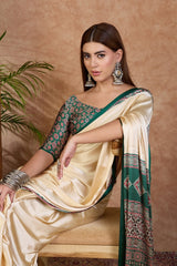 Redolent Off White Ajrakh Printed Semi Modal Silk Saree With Gleaming Blouse Piece