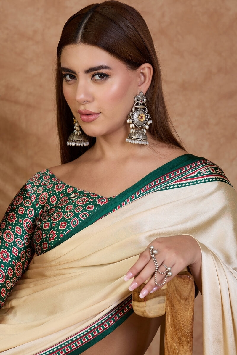Redolent Off White Ajrakh Printed Semi Modal Silk Saree With Gleaming Blouse Piece