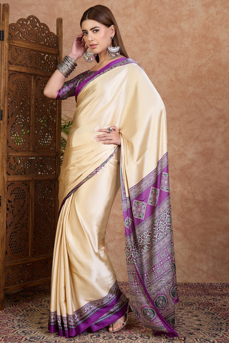 Dazzling Off White Ajrakh Printed Semi Modal Silk Saree With Dulcet Blouse Piece