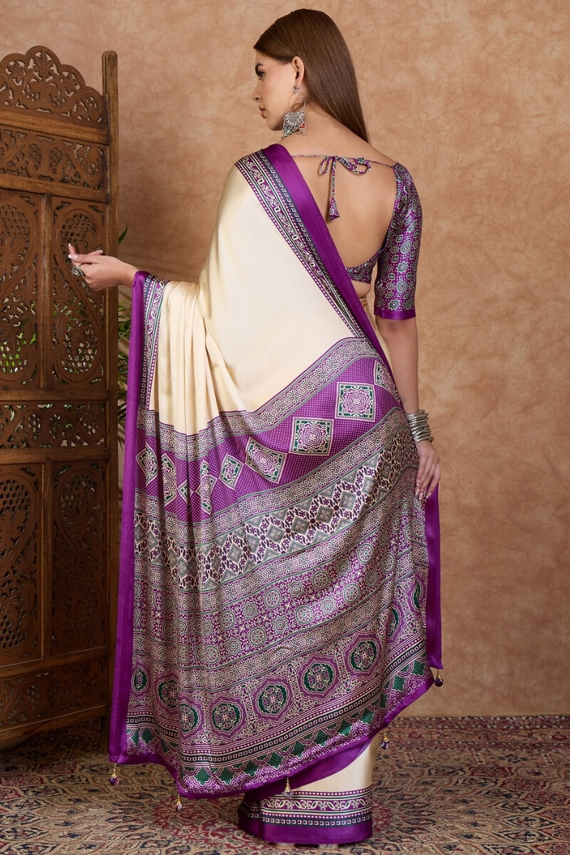Dazzling Off White Ajrakh Printed Semi Modal Silk Saree With Dulcet Blouse Piece