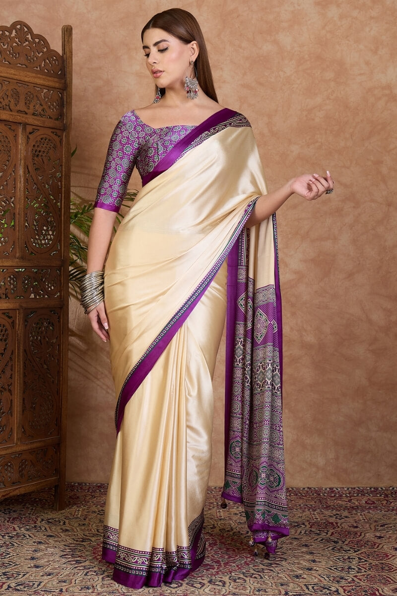 Dazzling Off White Ajrakh Printed Semi Modal Silk Saree With Dulcet Blouse Piece