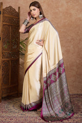 Twirling Off White Ajrakh Printed Semi Modal Silk Saree With Piquant Blouse Piece