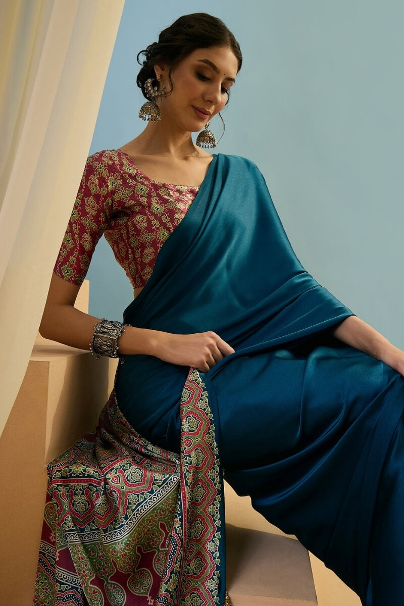 Incomparable Rama Ajrakh Printed Semi Modal Silk Saree With Trendy Blouse Piece