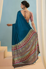 Incomparable Rama Ajrakh Printed Semi Modal Silk Saree With Trendy Blouse Piece