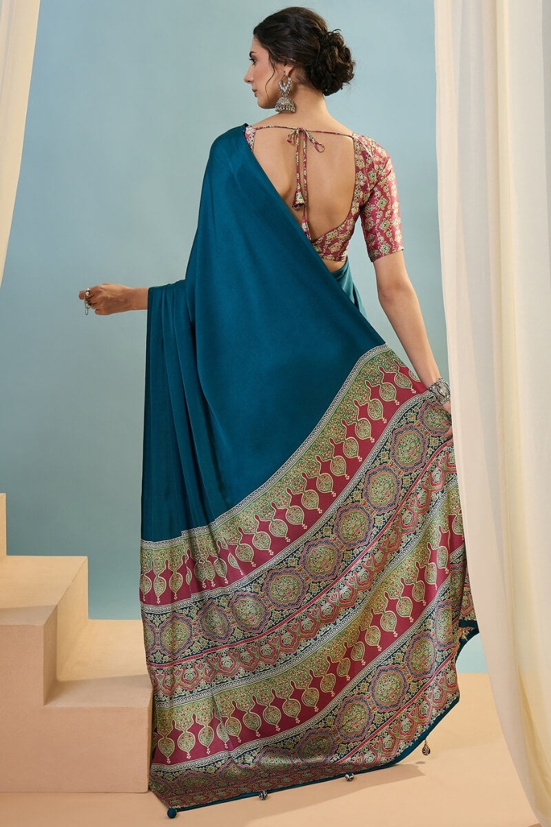 Incomparable Rama Ajrakh Printed Semi Modal Silk Saree With Trendy Blouse Piece