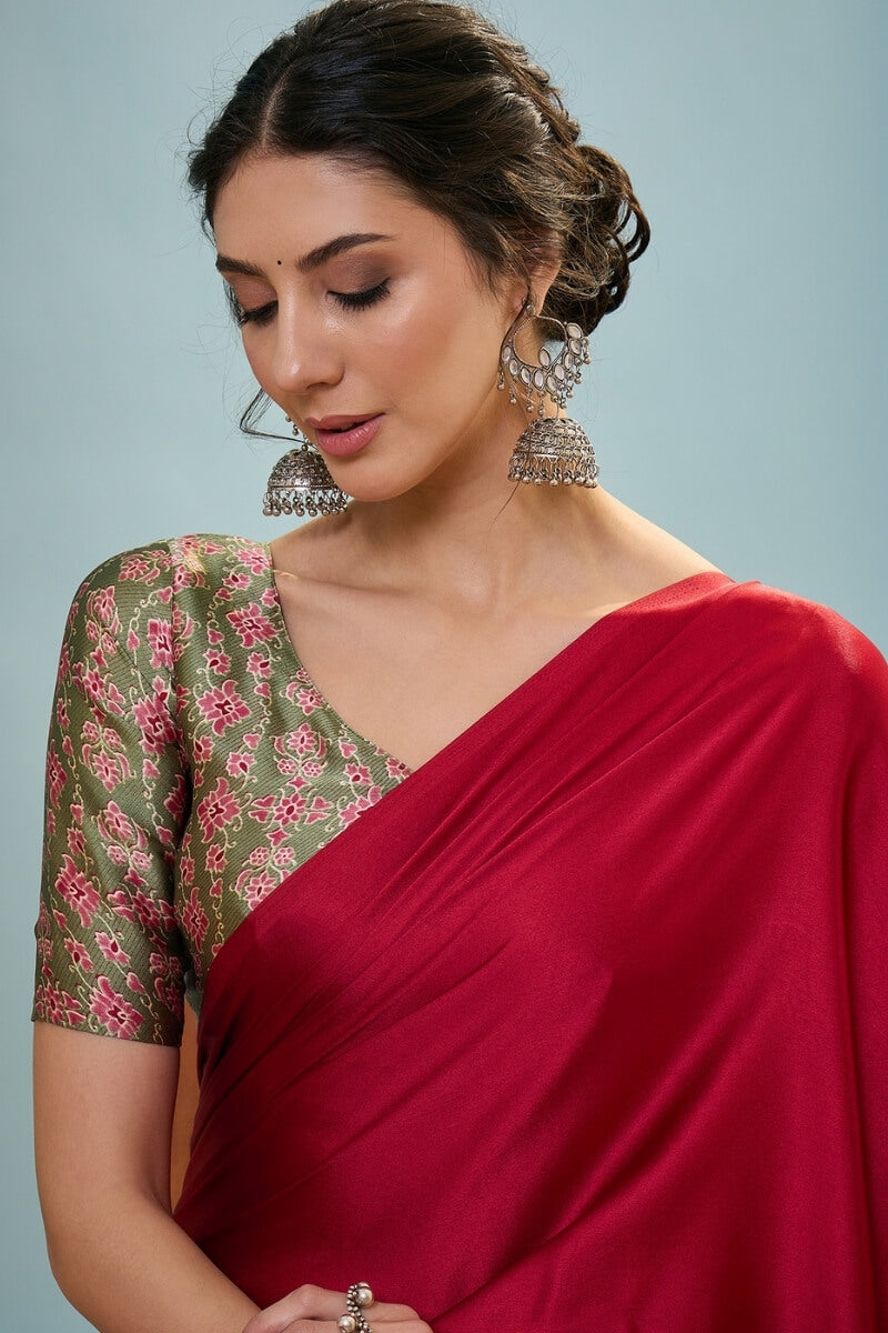 Hypnotic Red Ajrakh Printed Semi Modal Silk Saree With Nemesis Blouse Piece
