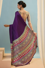Stunning Purple Ajrakh Printed Semi Modal Silk Saree With Aplomb Blouse Piece
