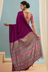 Luminous Purple Ajrakh Printed Semi Modal Silk Saree With Lustrous Blouse Piece