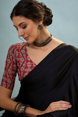 Innovative Black Ajrakh Printed Semi Modal Silk Saree With Snazzy Blouse Piece