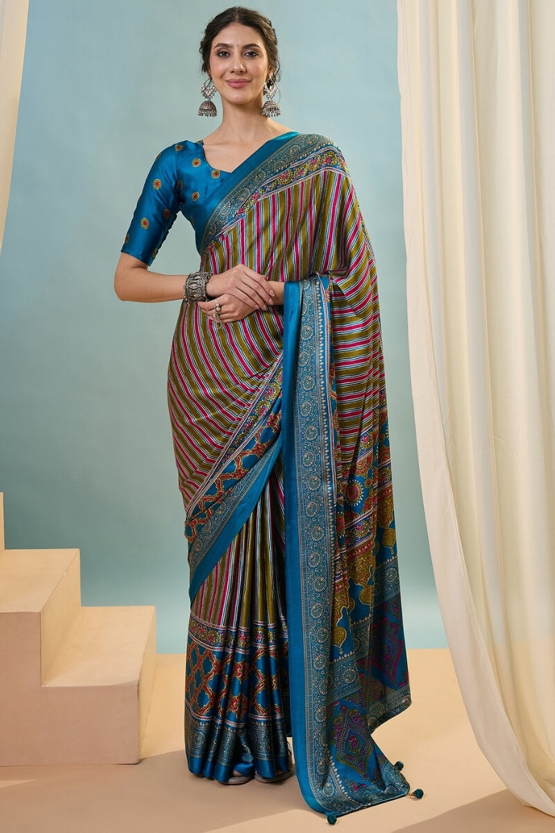 Fragrant Green Ajrakh Printed Semi Modal Silk Saree With Charismatic Blouse Piece