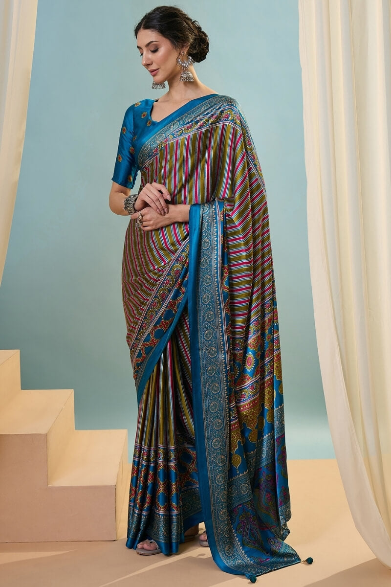 Fragrant Green Ajrakh Printed Semi Modal Silk Saree With Charismatic Blouse Piece