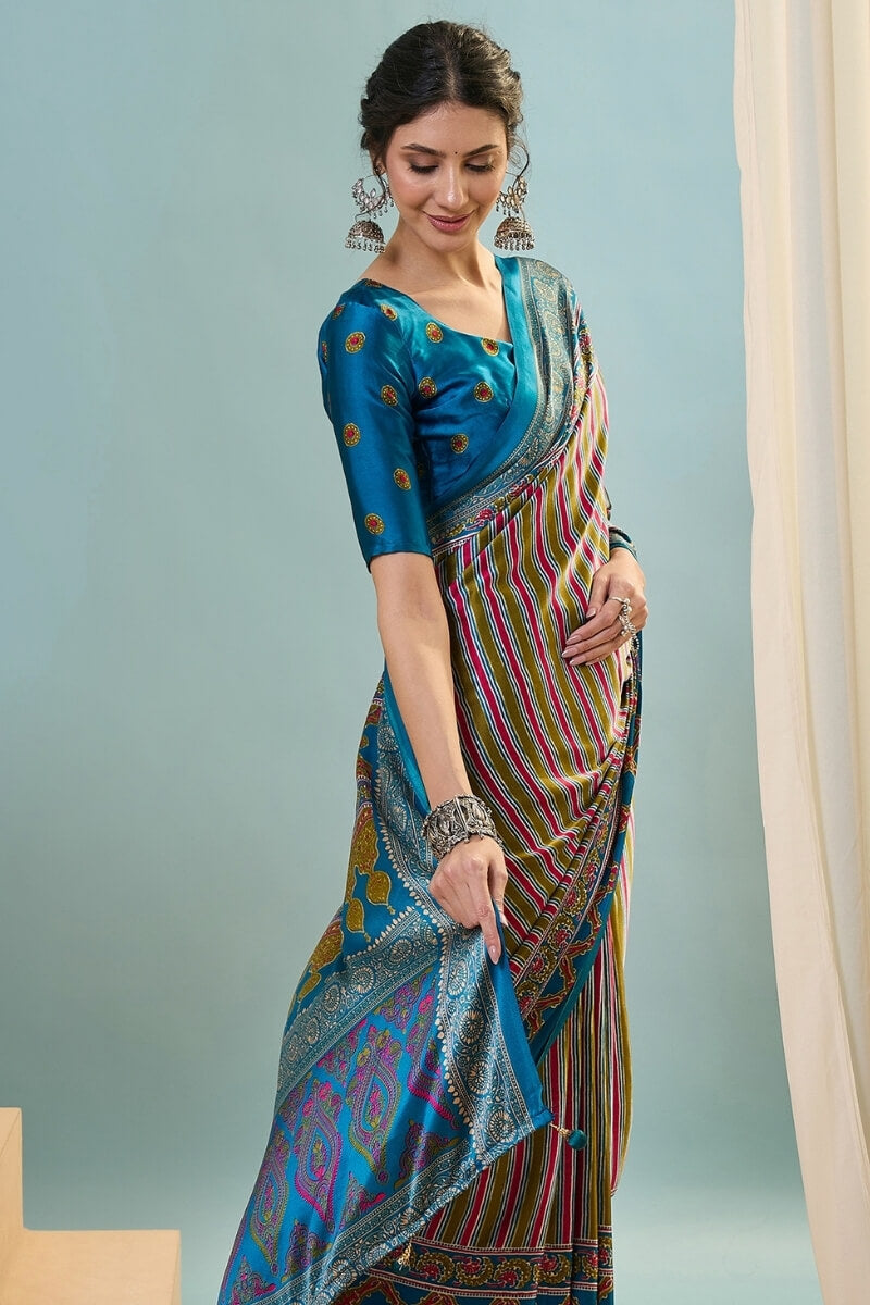 Fragrant Green Ajrakh Printed Semi Modal Silk Saree With Charismatic Blouse Piece