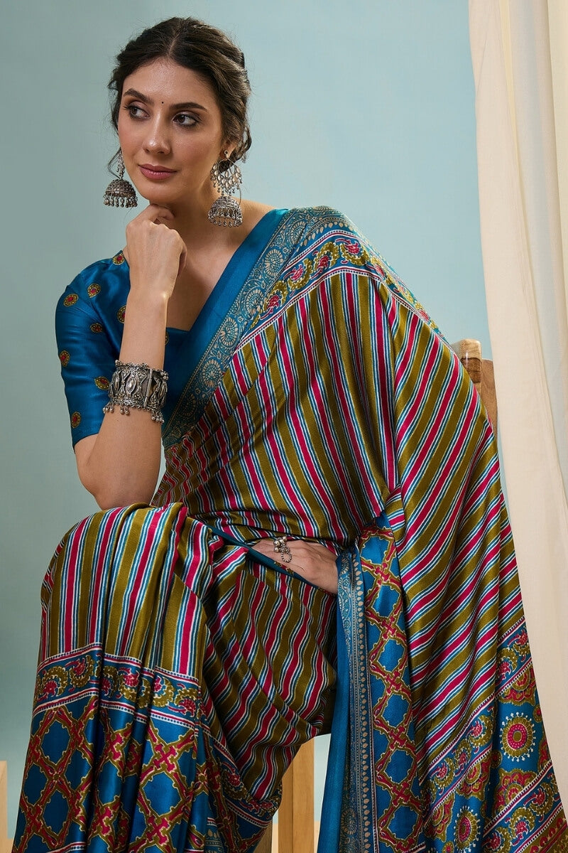 Fragrant Green Ajrakh Printed Semi Modal Silk Saree With Charismatic Blouse Piece