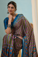 Fragrant Green Ajrakh Printed Semi Modal Silk Saree With Charismatic Blouse Piece