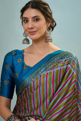 Fragrant Green Ajrakh Printed Semi Modal Silk Saree With Charismatic Blouse Piece