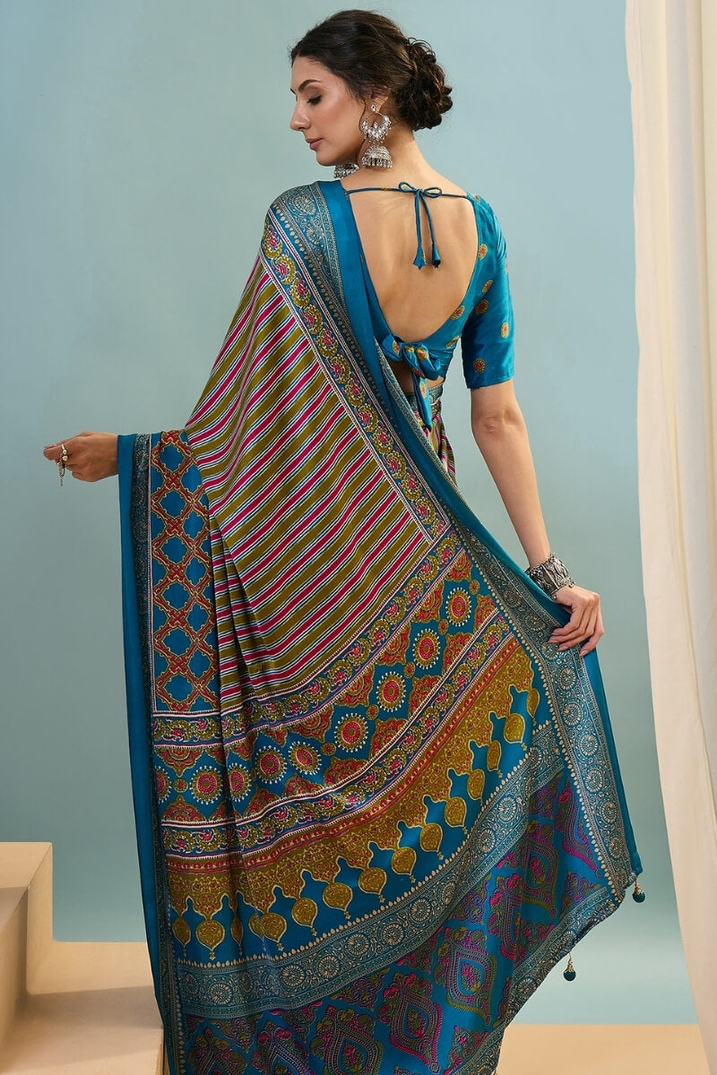 Fragrant Green Ajrakh Printed Semi Modal Silk Saree With Charismatic Blouse Piece