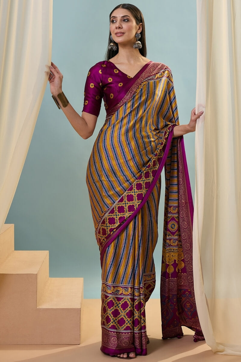 Intricate Yellow Ajrakh Printed Semi Modal Silk Saree With Comely Blouse Piece