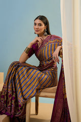 Intricate Yellow Ajrakh Printed Semi Modal Silk Saree With Comely Blouse Piece