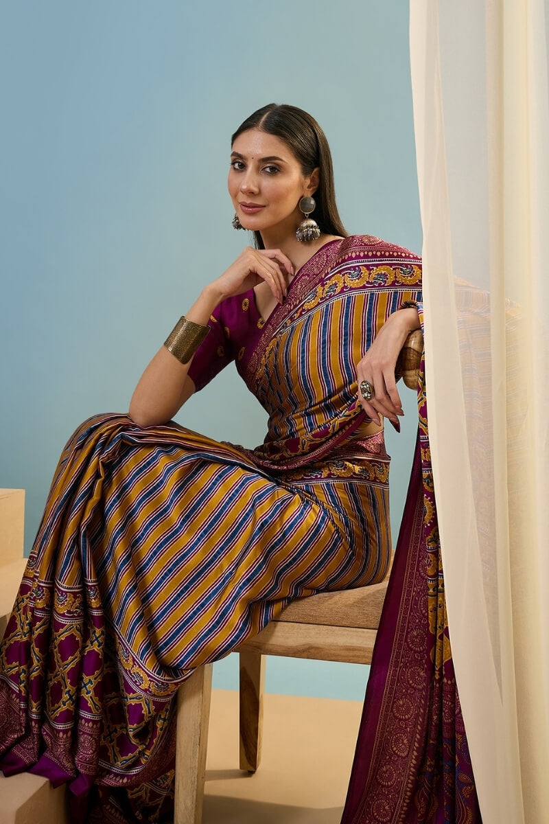 Intricate Yellow Ajrakh Printed Semi Modal Silk Saree With Comely Blouse Piece