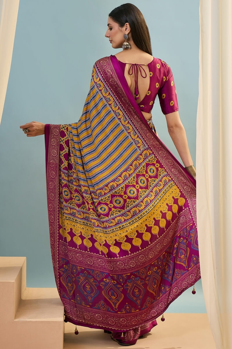 Intricate Yellow Ajrakh Printed Semi Modal Silk Saree With Comely Blouse Piece