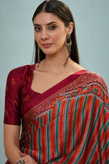 Enigmatic Red Ajrakh Printed Semi Modal Silk Saree With Blissful Blouse Piece