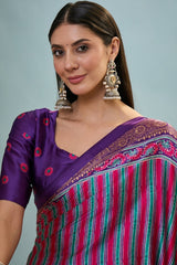 Conflate Purple Ajrakh Printed Semi Modal Silk Saree With Fantabulous Blouse Piece