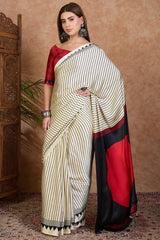 Artistic Off White Ajrakh Printed Semi Modal Silk Saree With Sempiternal Blouse Piece