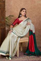 Glittering Off White Ajrakh Printed Semi Modal Silk Saree With Quixotic Blouse Piece