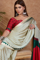 Glittering Off White Ajrakh Printed Semi Modal Silk Saree With Quixotic Blouse Piece