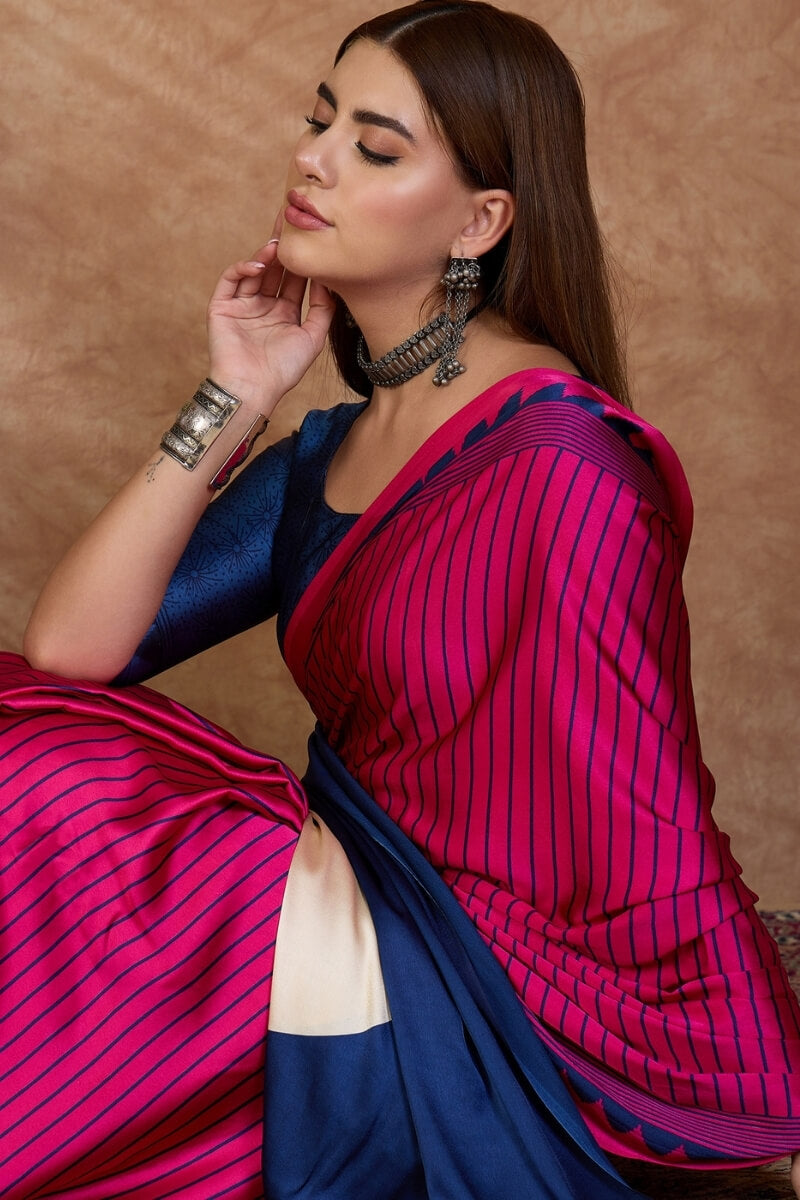 Evanescent Dark Pink Ajrakh Printed Semi Modal Silk Saree With Energetic Blouse Piece
