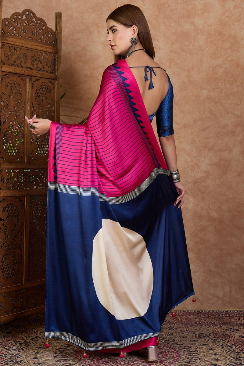 Evanescent Dark Pink Ajrakh Printed Semi Modal Silk Saree With Energetic Blouse Piece