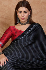 Palimpsest Black Ajrakh Printed Semi Modal Silk Saree With Lovely Blouse Piece