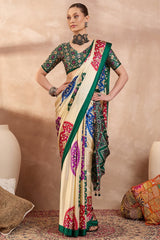 Glorious Beige Ajrakh Printed Semi Modal Silk Saree With Cynosure Blouse Piece