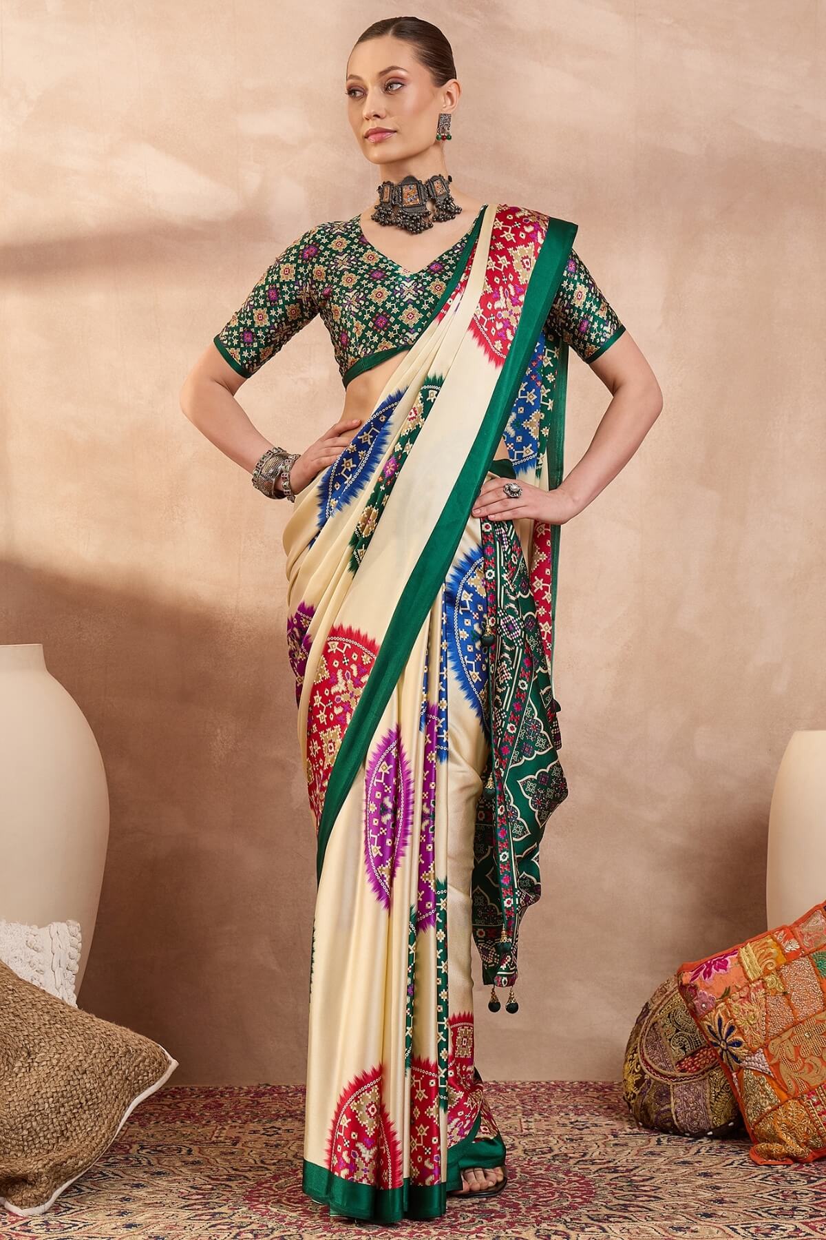 Glorious Beige Ajrakh Printed Semi Modal Silk Saree With Cynosure Blouse Piece