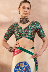 Glorious Beige Ajrakh Printed Semi Modal Silk Saree With Cynosure Blouse Piece