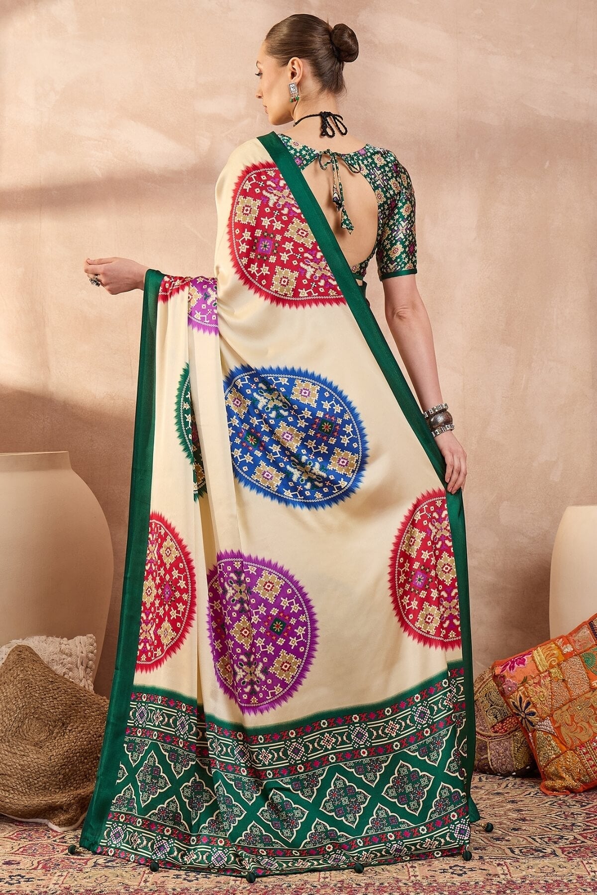 Glorious Beige Ajrakh Printed Semi Modal Silk Saree With Cynosure Blouse Piece